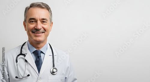 A happy handsome doctor in medical uniform, full body, isolated on a white background, with copy space