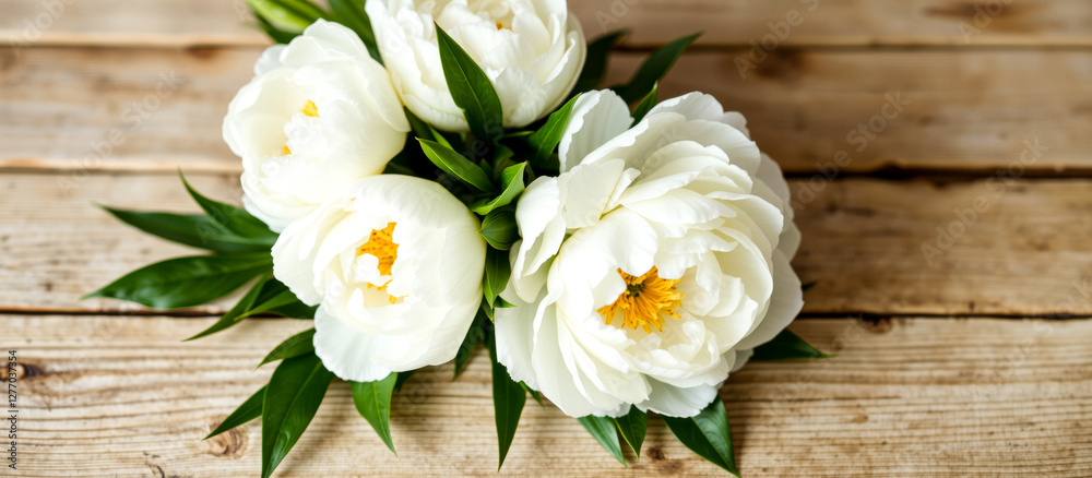 Fototapeta premium close-up view of three white peonies arranged on rustic wooden surface