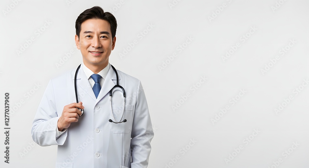 A happy handsome doctor in medical uniform, full body, isolated on a white background, with copy space A happy handsome doctor in medical uniform, full body, isolated on a white background, with copy space