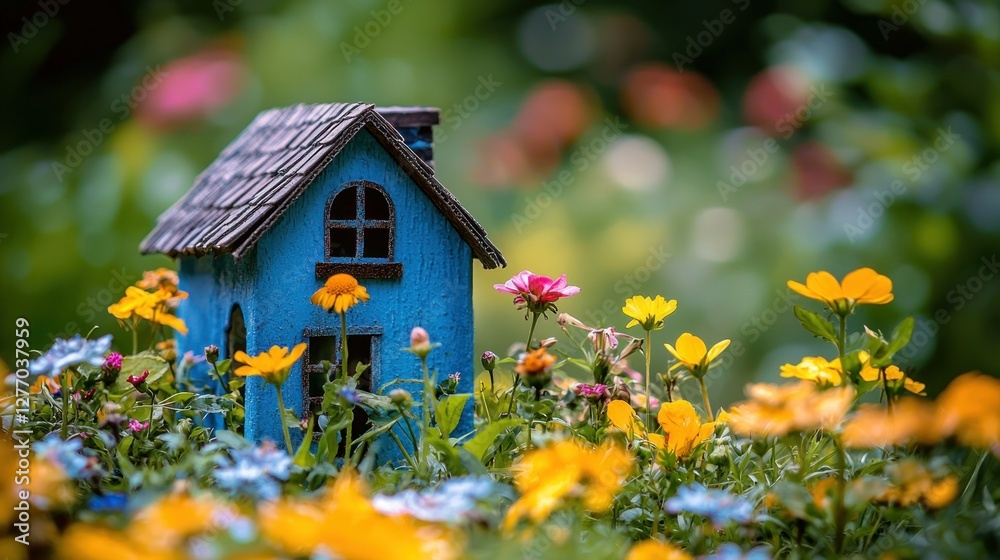 Miniature blue house in flower garden, peaceful scene Miniature blue house in flower garden, peaceful scene