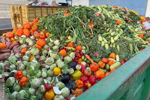 Expired Organic bio waste. Mix Vegetables in a huge container, in a rubbish bin. Heap of Compost from vegetables or food for animals.
