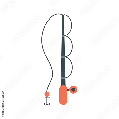 Flat Vector Illustration of a Fishing Rod with Hook for Recreational Fishing, Outdoor Activities, and Sport Fishing Concepts