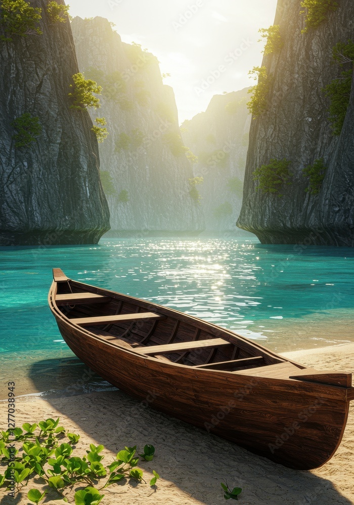 Fototapeta premium Serene Wooden Rowboat on Tranquil Beach Cove at Sunset