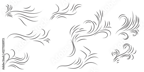 Doodle wind line sketch set. Hand drawn doodle wind air blow, swirl elements.

