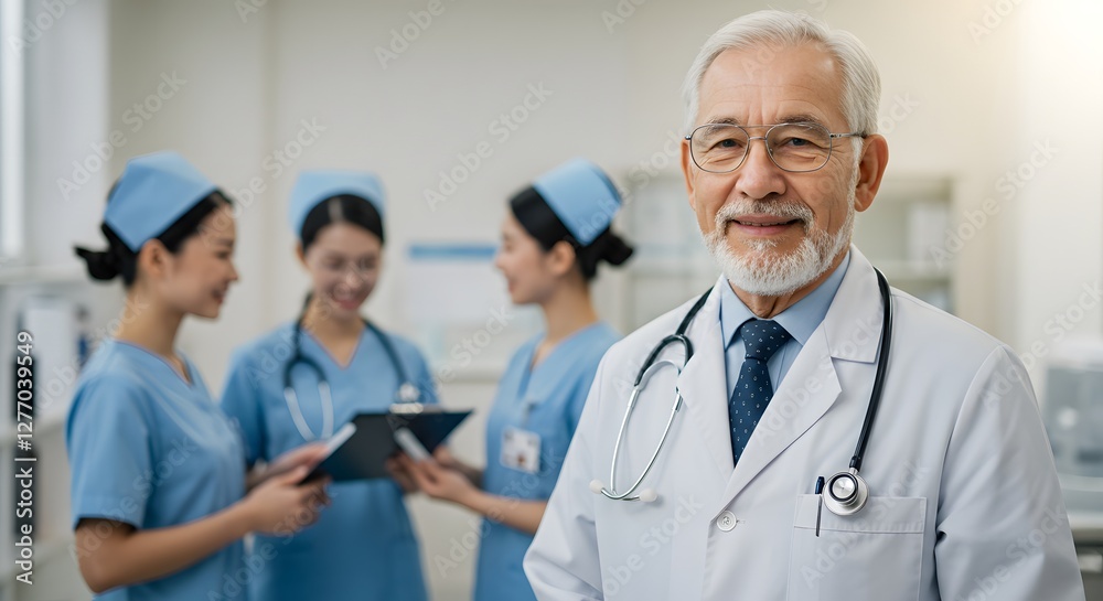 A happy doctor in medical uniform, in a hospital with other nurses, with a little bit of blurred background with side copy space, with background sunshine A happy doctor in medical uniform, in a hospital with other nurses, with a little bit of blurred background with side copy space, with background sunshine