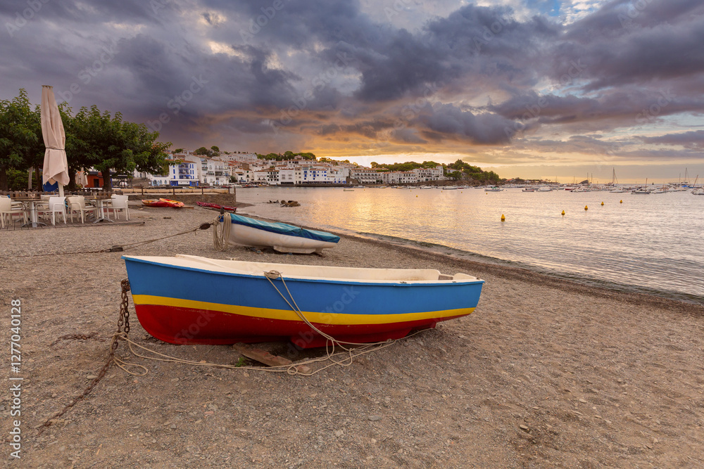 Dawn at Cadaques Bay with Boats on the Shore, Catalonia, Spain Dawn at Cadaques Bay with Boats on the Shore, Catalonia, Spain