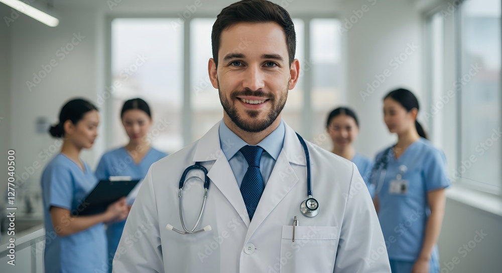A happy doctor in medical uniform, in a hospital with other nurses, with a little bit of blurred background with side copy space, with background sunshine A happy doctor in medical uniform, in a hospital with other nurses, with a little bit of blurred background with side copy space, with background sunshine