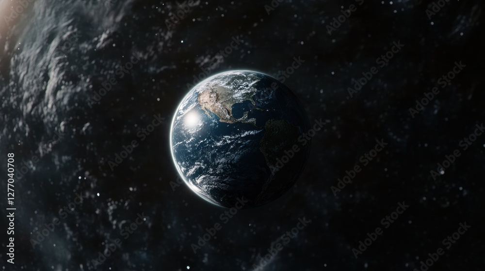Obraz premium A stunning view of Earth from space, showcasing its blue oceans and green landmasses against the backdrop of a dark universe.
