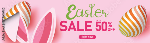 Easter sale banner with bunny ears, decorated eggs, and pink pastel background, 50% off discount, festive holiday shopping promotion