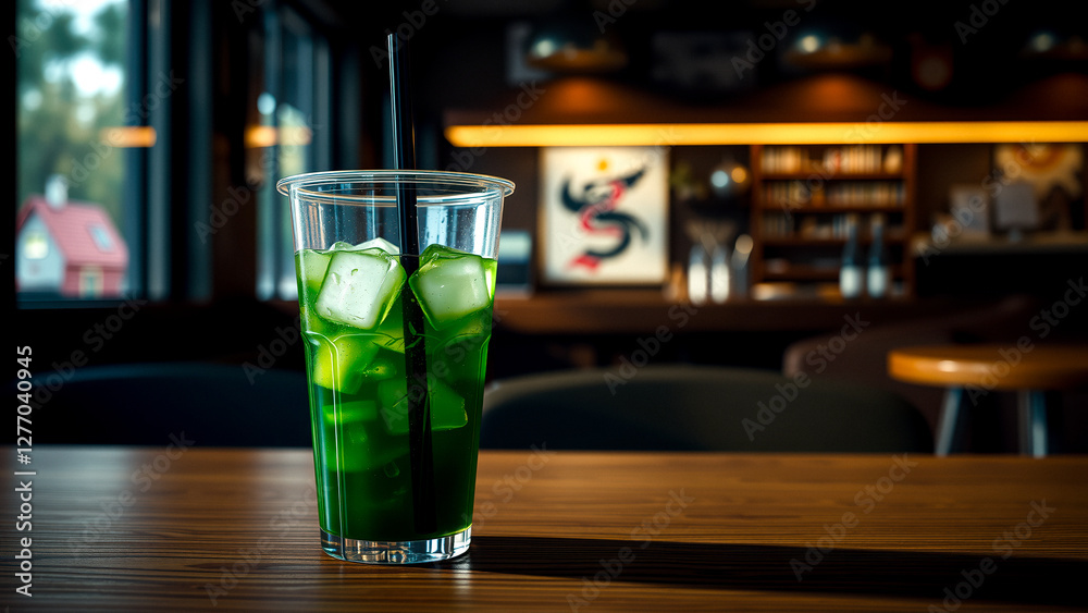 refreshing green iced beverage in clear plastic cup refreshing green iced beverage in clear plastic cup