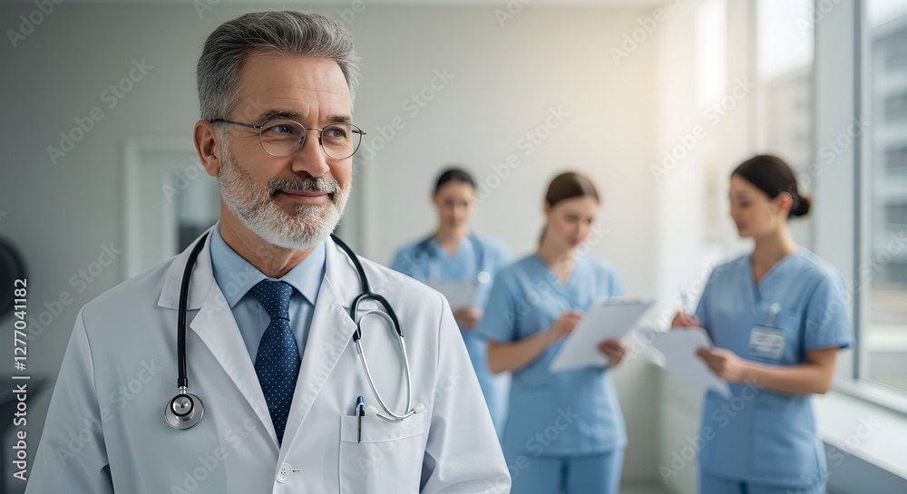 A happy doctor in medical uniform, in a hospital with other nurses, with a little bit of blurred background with side copy space, with background sunshine A happy doctor in medical uniform, in a hospital with other nurses, with a little bit of blurred background with side copy space, with background sunshine