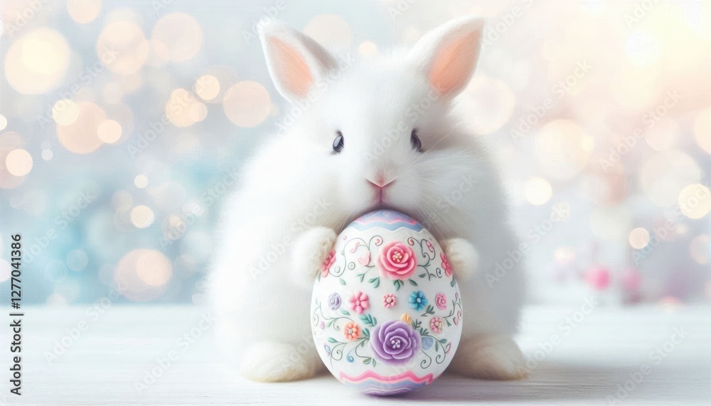 Fototapeta premium Enchanting white bunny clutching a vibrant Easter egg amidst soft, white fluff and flowers, creating a dreamy, light-filled backdrop with bokeh for an ethereal Easter vibe
