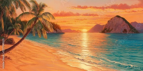 Tropical Sunset Beach Paradise: Palm Trees, Ocean, Island, Waves, and Golden Hour