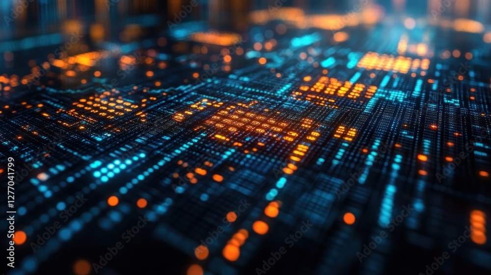 Abstract digital circuit board with glowing nodes and lines, futuristic technology background. Abstract digital circuit board with glowing nodes and lines, futuristic technology background.