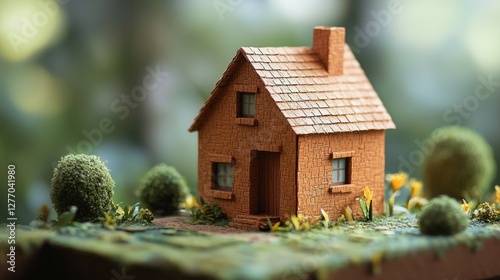 Miniature wooden house model in garden setting, bokeh background photo