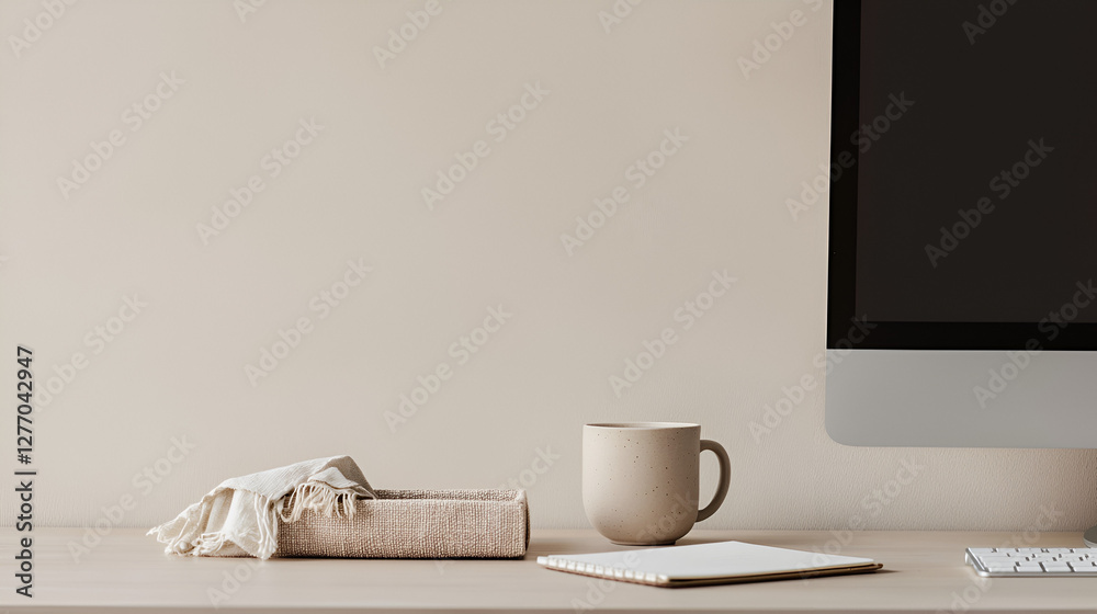 Obraz premium Minimalist workspace featuring a monitor, keyboard, mug, notepad, and decorative box on a bright desk.