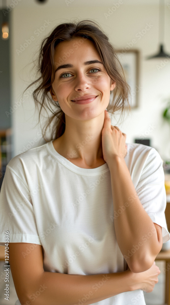 close-up portrait of a smiling woman in a white t-shirt close-up portrait of a smiling woman in a white t-shirt