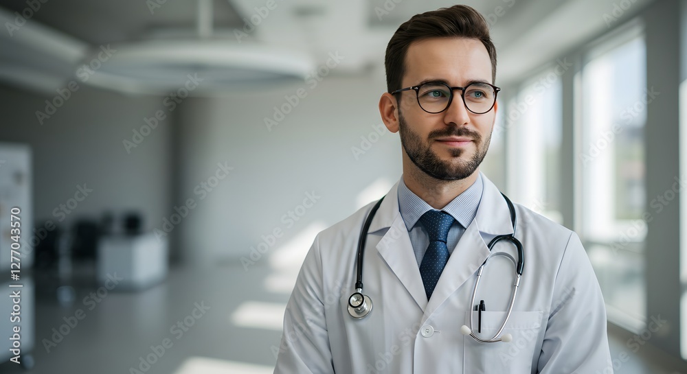 A happy doctor in medical uniform, in a hospital, with a little bit of blurred background with side copy space, with background sunshine A happy doctor in medical uniform, in a hospital, with a little bit of blurred background with side copy space, with background sunshine