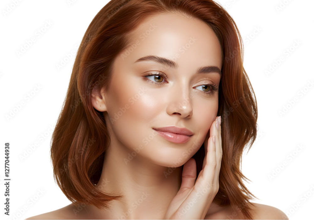 a woman looking to one side on transparent background touching her face, skin care concept png, skin care model without background a woman looking to one side on transparent background touching her face, skin care concept png, skin care model without background