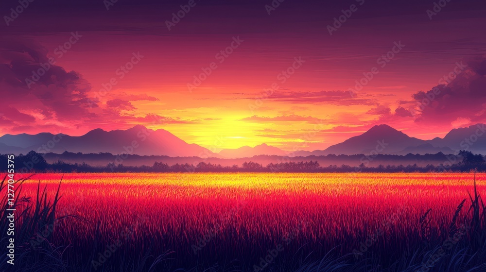 Fototapeta premium Vibrant sunset over a field of tall grass with mountains in the distance.