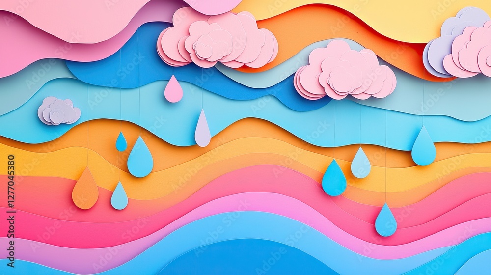 Colorful Abstract Paper Cut Landscape with Clouds and Raindrops in a Layered 3D Effect Colorful Abstract Paper Cut Landscape with Clouds and Raindrops in a Layered 3D Effect