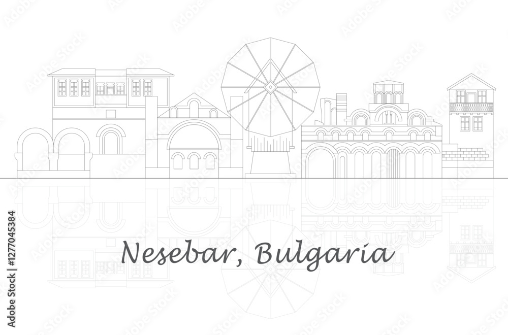 Fototapeta premium GR4_0Outline Skyline panorama of town of Nessebar, Bulgaria - vector illustration00_105.eps