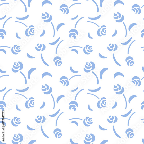 Beautiful cute small rose flowers with leaves on white background, simple vintage ditsy style of light blue color. Seamless pattern for textile, fabric print, home decor, design. Vector illustration