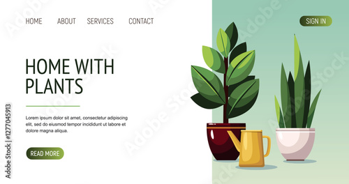 Gardening concept web page template. Home flowers isolated on brown background.