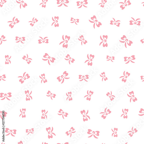 Small cute pink invitations ribbon bow on white background, simple coquette preppy pretty style. Seamless pattern for textile, fabric print, home decor, design. Vector illustration