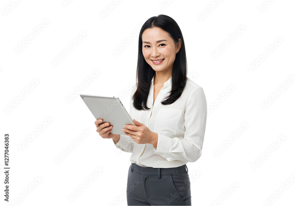 An Asian woman in white shirt holding a tablet isolated on transparent background, a girl using tablet png An Asian woman in white shirt holding a tablet isolated on transparent background, a girl using tablet png