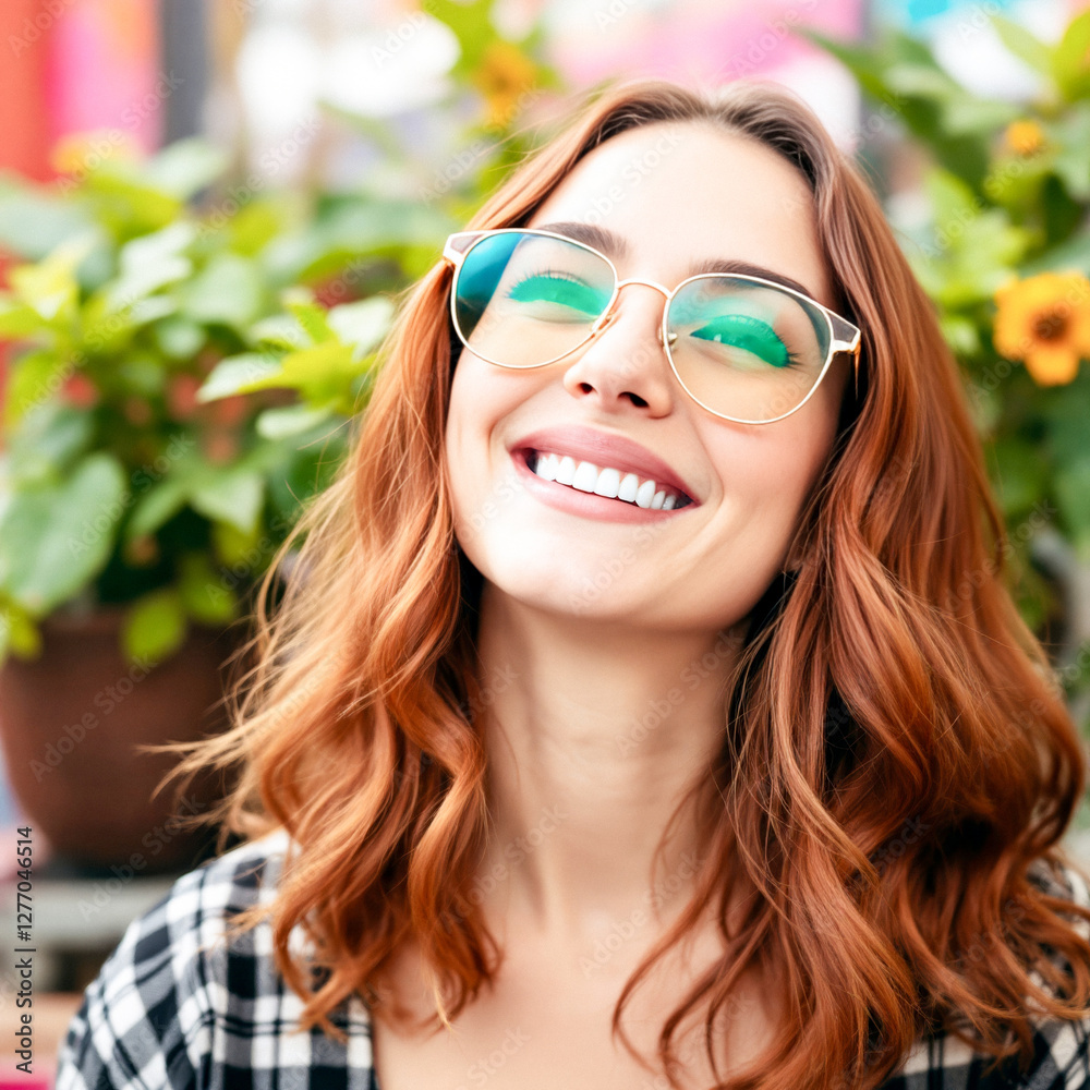 portrait of a smiling young woman with auburn wavy hair wearing eyeglasses and a plaid shirt portrait of a smiling young woman with auburn wavy hair wearing eyeglasses and a plaid shirt