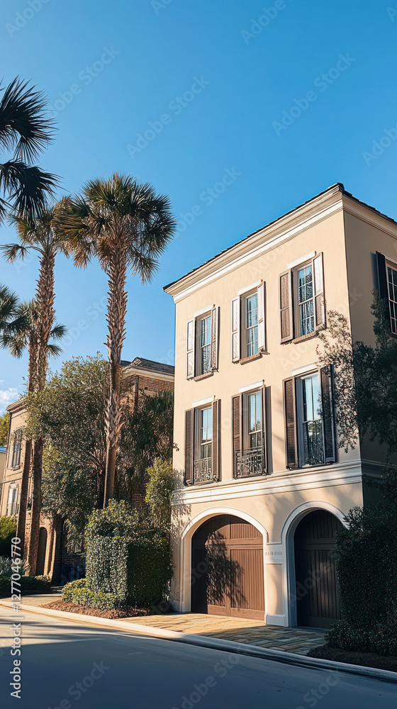 Naklejka premium Luxurious three story house with palm trees, elegant architecture, and clear blue sky. property features large windows and stylish facade, creating serene