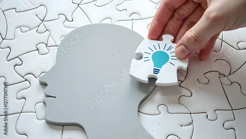 Getting knowledge and solving problem. Logical idea concept. Connecting last jigsaw puzzle piece. 
