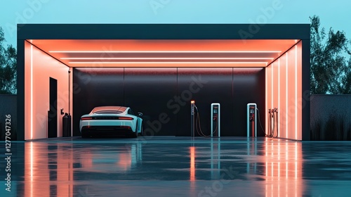 Modern garage showcases sleek car illuminated by vibrant neon li