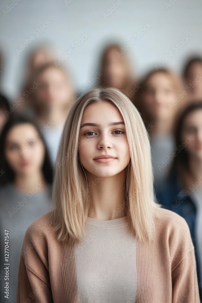 Obraz premium Portrait of confident young woman in front of blurred group, sho