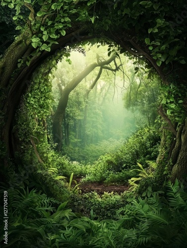 Enchanted Forest Pathway: A Magical Journey Through Lush Greenery, Mist, and Trees