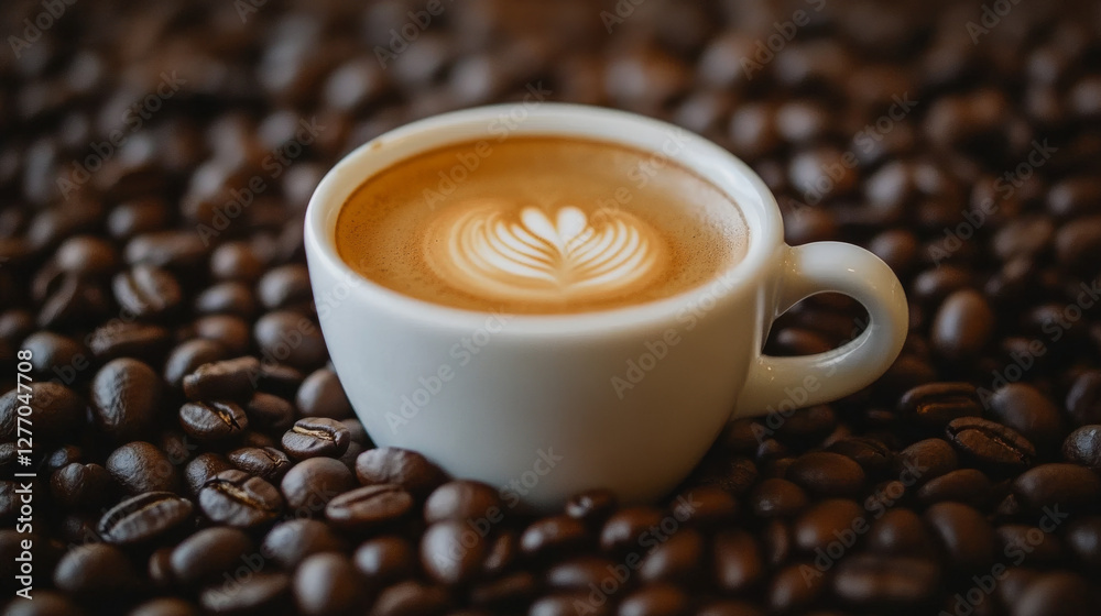 A cup of coffee resting on a bed of coffee beans--exploring the art of brewing the perfect coffee, celebrating World Coffee Day A cup of coffee resting on a bed of coffee beans--exploring the art of brewing the perfect coffee, celebrating World Coffee Day