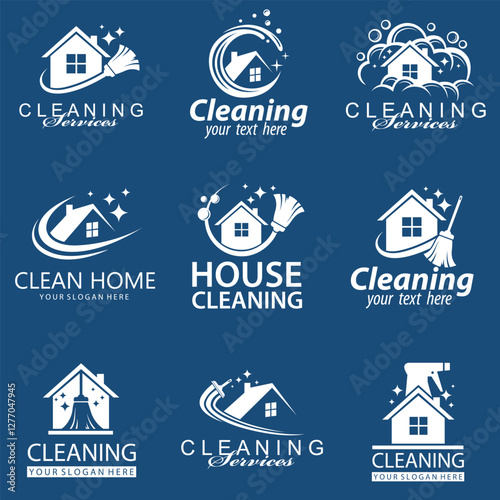 collection of cleaning service design with house and broom isolated on blue background