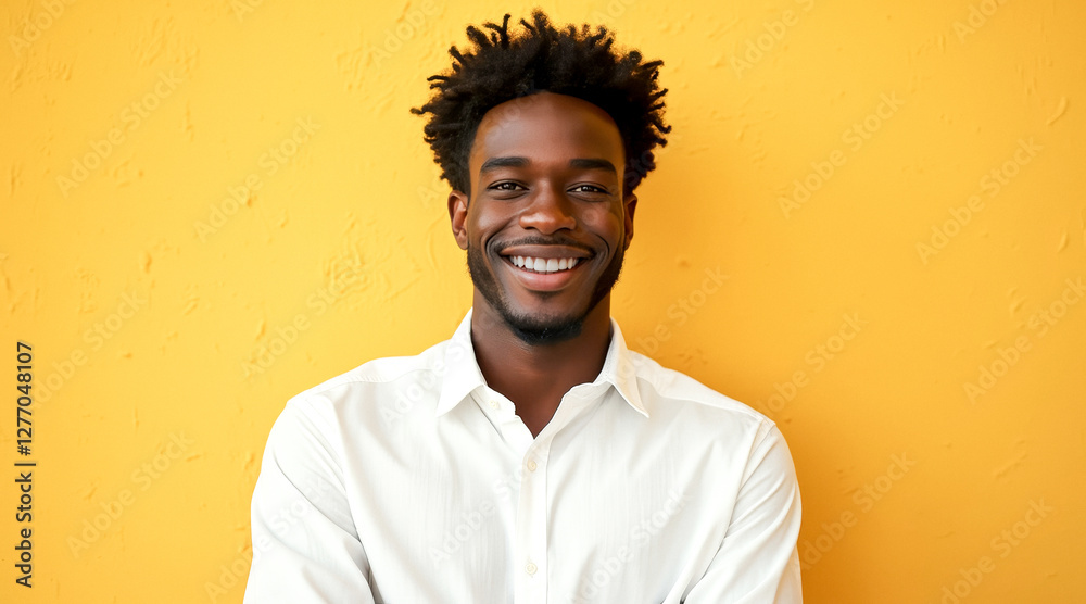 Fototapeta premium portrait of a smiling young man in a white shirt against a yellow background