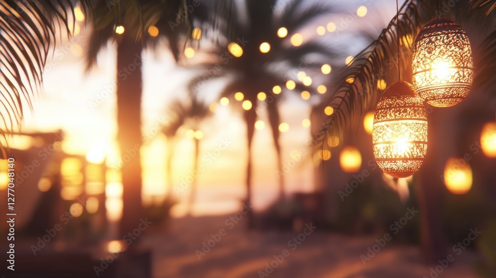 Serene Evening Scene with Lanterns and Palm Trees at Sunset Serene Evening Scene with Lanterns and Palm Trees at Sunset
