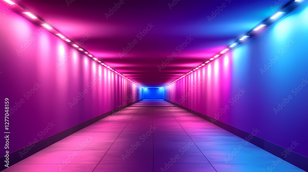 Fototapeta premium Endless neon corridor with glowing pink and blue lights creating depth. Luminous Infinite Corridor. Illustration