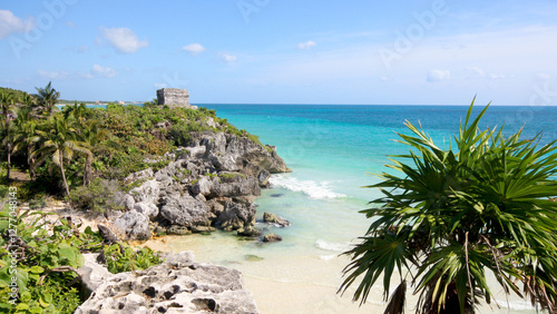 beach and temple of Tulum in Mexico