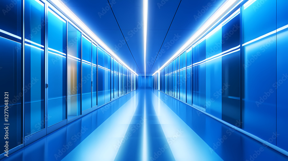 Fototapeta premium Futuristic blue corridor with neon lights and glass walls. Luminous Infinite Corridor. Illustration