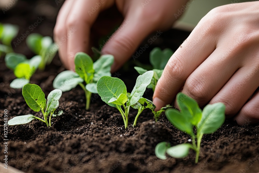 Hands gently nurturing young plants in rich, dark soil, showcasi Hands gently nurturing young plants in rich, dark soil, showcasi