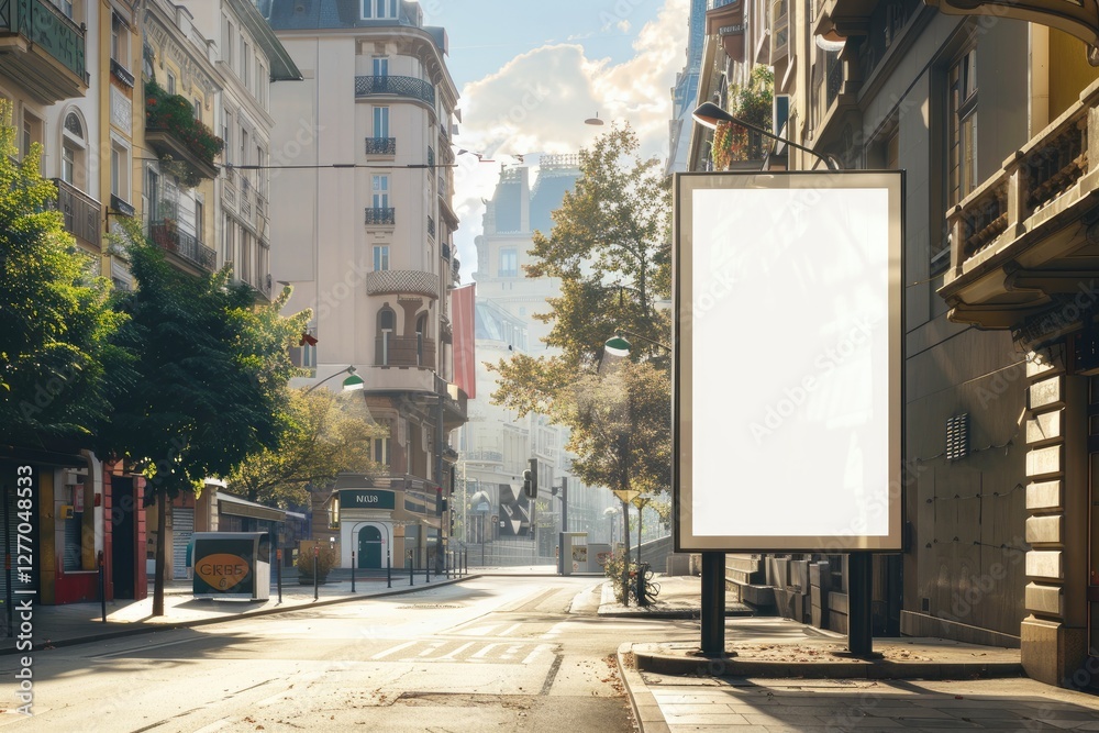 advertisement space on vertical white billboard at bus stop with clear city street background, showcasing mockup for summer day in urban area advertisement space on vertical white billboard at bus stop with clear city street background, showcasing mockup for summer day in urban area