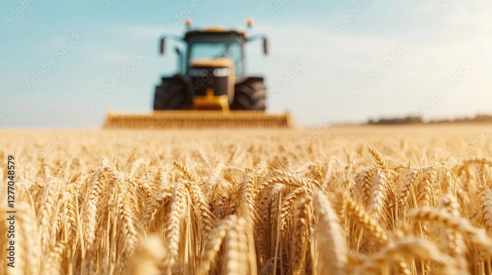 Fototapeta premium Golden wheat field stretches under bright blue sky, tractor harv