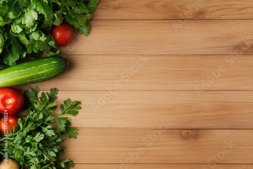 Fresh vegetables arranged on wooden surface create vibrant, orga photo