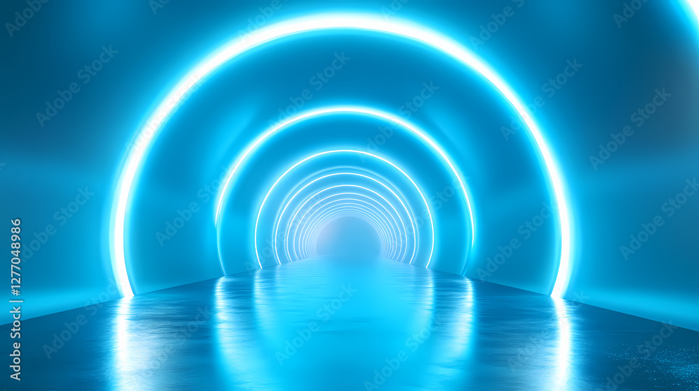 Fototapeta premium Futuristic neon blue tunnel with glowing rings and reflective floor. Luminous Infinite Corridor. Illustration