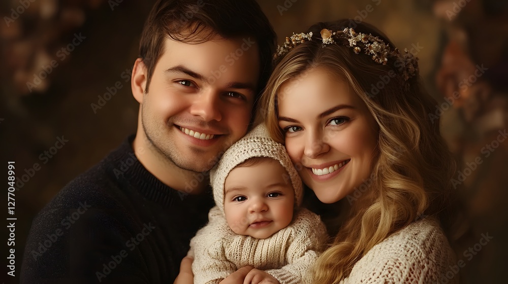 A family portrait of a smiling mother, father, and baby daughter, all looking happy and wearing neutral tones.