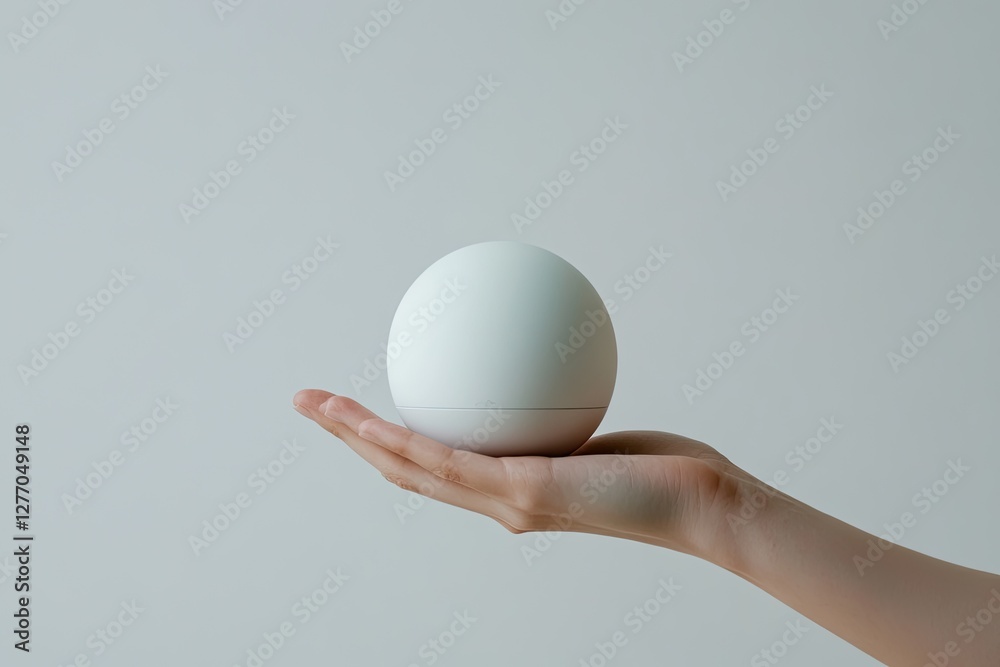 Minimalist hand holding smooth white sphere against soft backdro